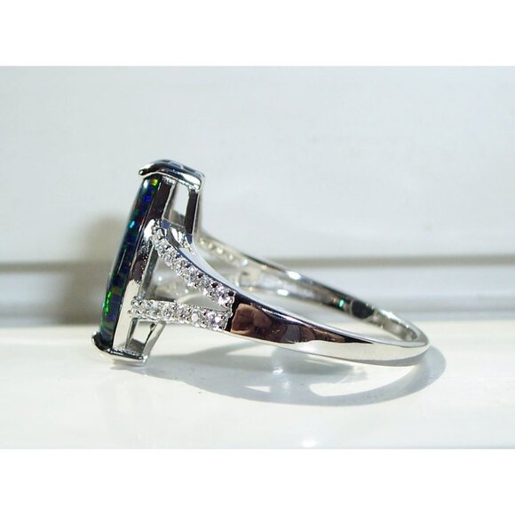 925 Sterling Silver Marquise Lab Created Green Black Opal CZ Ring - Picture 9 of 15